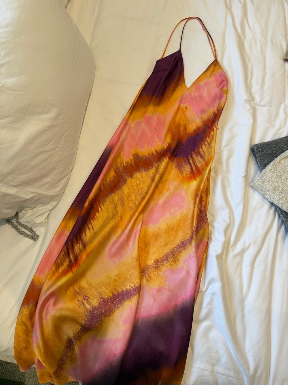 Zara Silky Multicolor Deep V Open Back Slip Dress Tie-Dye